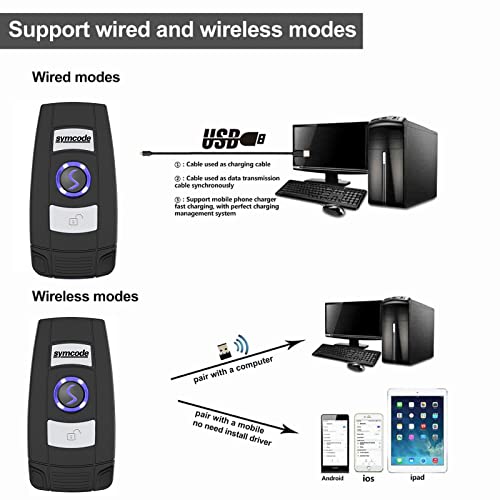 Symcode Silver Bluetooth Barcode Scanner 2.4G Wireless & Wired Handheld