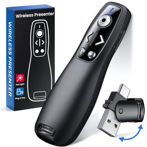 ELISWEEN Black Wireless Presentation Clicker with USB-A & USB-C Receiver, Red Light Pointer, Volume Control