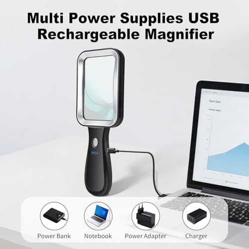 GABORISH 10X Magnifying Glass with Light - Rechargeable, Adjustable 3 Color Modes, Rectangular Lens