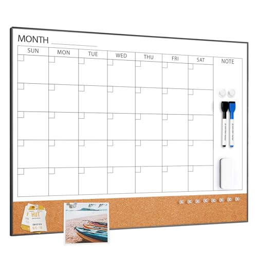 ARCOBIS 24x18 Black Wall Dry Erase Calendar with Cork Board, Includes Markers & Pins