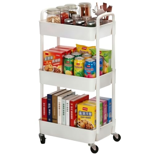 Sywhitta 3-Tier White Plastic Utility Cart with Lockable Wheels for Storage