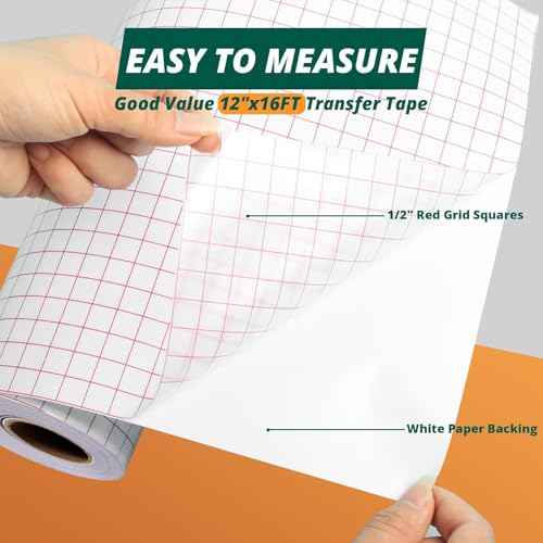 HTVRONT Transfer Tape for Vinyl -12" x 16 FT w/Red Alignment Grid Transfer Paper, Medium Tack Vinyl Transfer Tape for Signs Stickers Decals Walls Doors & Windows