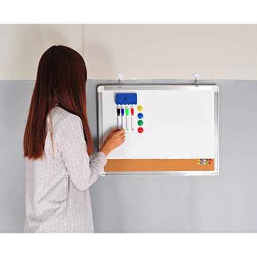 White Board Cork Board Combo - 24x18 in Dry Erase Board with Cork and 1 Magnetic Eraser, 4 Dry Wipe Markers, 4 Magnets and 10 Pins - Wall Hanging Whiteboard with Corkboard for Home and Office