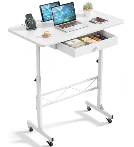 COMHOMA White Standing Desk with Storage Drawer - Height Adjustable Mobile Treadmill Workstation