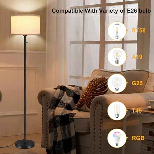 Floor Lamps for Living Room, Stepless Dimmable Standing Lamp, Modern Floor Lamp with Rotary Switch, Beige Linen Shade, 9W Led Bulb Included(1000LM,2700K), Tall Lamp for Bedroom, Office, Farmhouse
