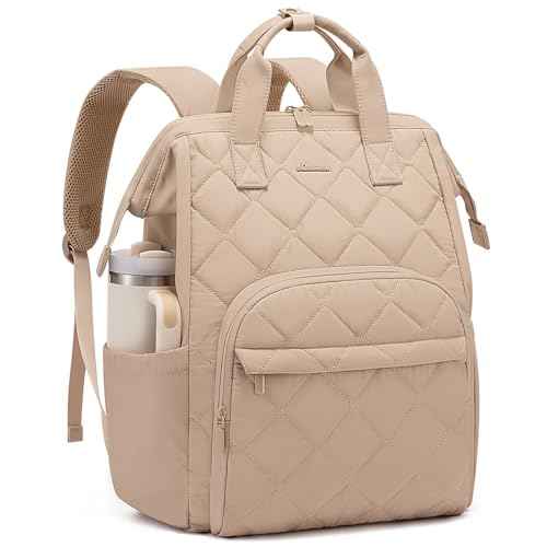LOVEVOOK Laptop Backpack for Women, Puffer Quilted Computer Bag for Travel Work Business, Casual Daypack for Teacher Nurse,17.3 Inch, Khaki