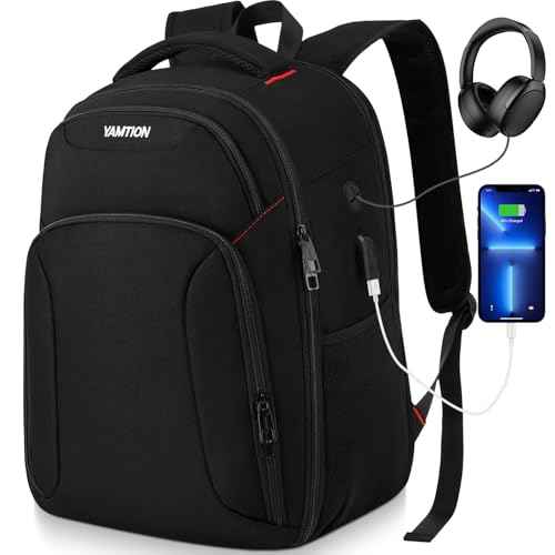 YAMTION Backpack for Men Laptop Backpack with USB Charging Port for Work,School Backpack Waterproof for Teen Boys, Black Travel Backpack
