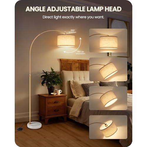 75" Arc Floor Lamp with Marble Base and Adjustable Height, Rotating Hanging Shade, Dimmable Gold Floor Lamp for Living Room with Remote and Foot Switch, 3 Color Temperatures, Timer, DE15LD05