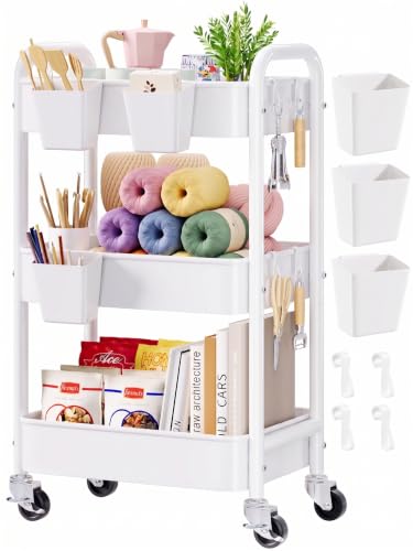Aofure White 3-Tier Metal Rolling Cart with Wheels, Cups & Hooks - Multi-Purpose Storage