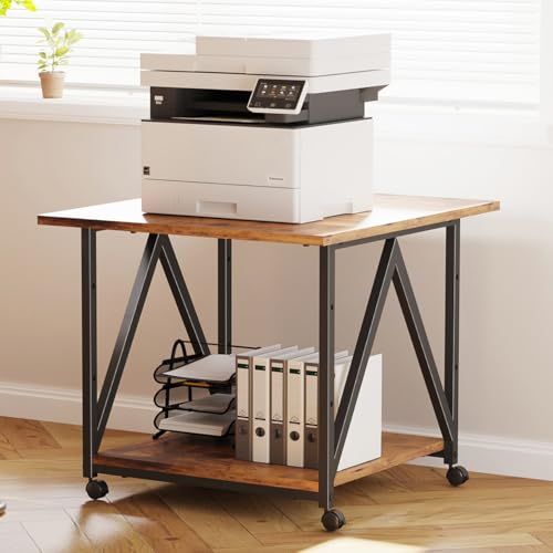 2-Tier Printer Stand, Printer Table with Storage, Industrial Printer Storage Cart with Wheels, Rolling Printer Stand for Heat Press Scanner Fax, Brown