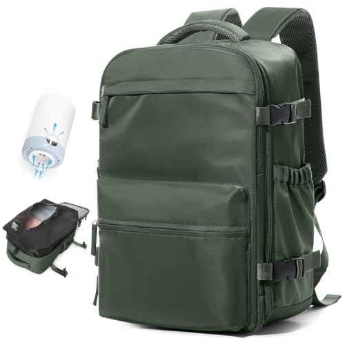 Vacuum Travel Backpack with Pump for Women, Personal Item Carry on Vacpack Backpacks Flight Approved 18x14x8 inches for Men,Laptop Waterproof Work Compression bags Casual Daypack,BrownGreen