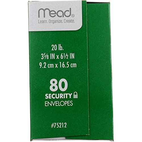 Mead #6-3/4 Envelopes, 3-5/8" x 6-1/2", Security Printed Lining for Privacy, Gummed Closure, White All-Purpose 20-lb Paper Mailing Envelopes, 80 Count (75212)