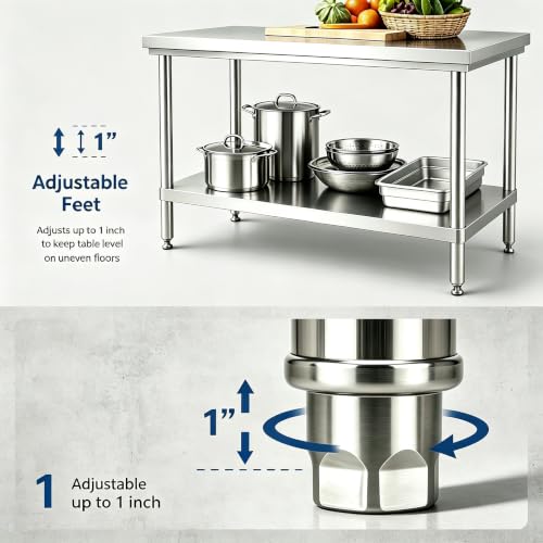 20x40 Stainless Steel Work Table with Adjustable Feet, 900 lb Capacity, 31.5" H