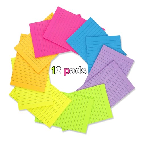 (12 Pack) Lined Sticky Notes 4x6 in Ruled Stickies Super Sticking Power Memo Pads Bright Colors