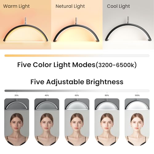 Lash Light, Half Moon Lamp with Tool Tray, LED Moon Light for Eyelash Extensions, Adjustable Color Modes and Flexible Gooseneck, Suitable for Beauty Salons and Beginner DIY (Black)