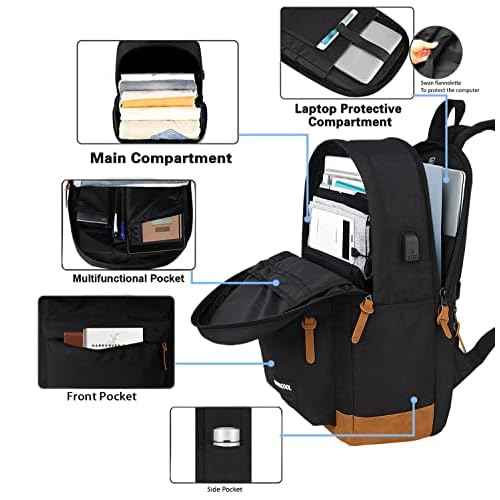 SUPACOOL Lightweight Laptop Backpack with USB Charging Port for Men and Women, Double Layers Backpack for College, Work, Travel, Casual(Black and brown)