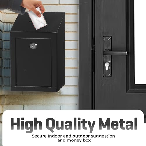 My Charity Boxes Wall Mount Metal Donation Drop Box with Lock, 10x6x2.5 Inches, Black