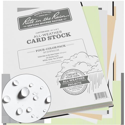 Rite in the Rain Weatherproof Card Stock, 8.5" x 11", 100#, 20 Sheets of White, Green, Tan, and Gray, 80 Sheet Pack (No. HW8511M)