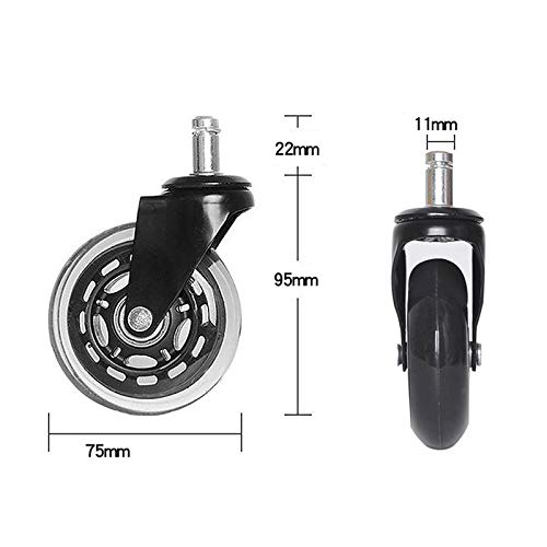 Office Chair Wheels Replacement 7.5mm Stem Size, 3" Roller Blade Style, Replacement Rubber Chair Casters for Hardwood Floor and Carpet