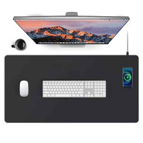 Mouse Pad with Wireless Charging, PU Leather Fast Charging Gaming Mouse Pad, Waterproof Anti-Slip Surface, Easy Clean Office Table Mat, 32L x 16W x 0.15H inches, Black(Right Side Charging Port)
