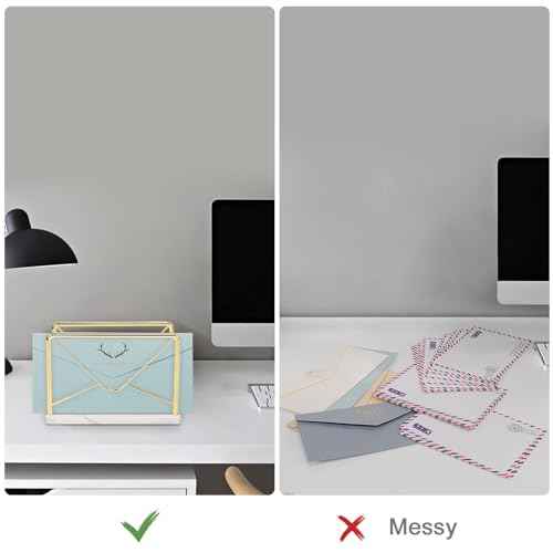 Modern Mail Holder for Home Office, Metal Letter Organizer Sorter for Desk, Cutout Mail Envelope Design, Bill Filling Paper Document Rack, Envelope Storage Rack with Marble Base