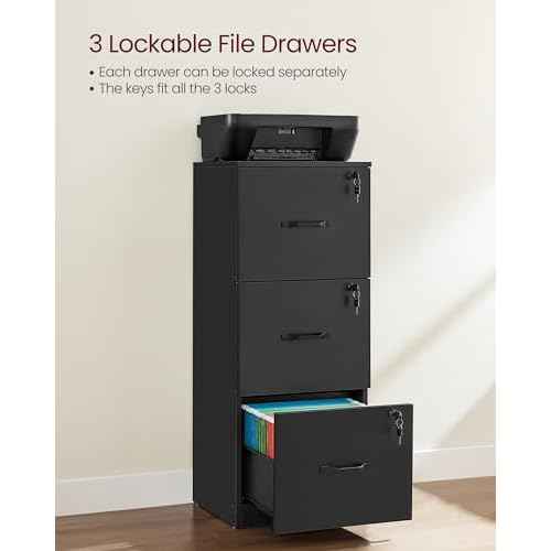 VASAGLE 3 Drawer File Cabinet, File Cabinet with Lock, Printer Stand, Office Filing Cabinet Organizer, for A4 and Letter Size Files, Ink Black UOFC055B16