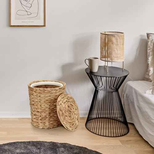Wicker Waste Basket with Lid and Liner, Handwoven Water Hyacinth Wicker Trash Can, Large Waste Paper Bucket Paper Scrap Bucket WasteBaskets for Bathroom, Bedroom, Kitchen, Office Garbage Can