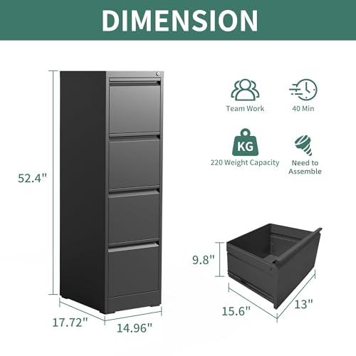 FLIXELIO 52"H Black 4-Drawer Metal File Cabinet with Lock & Anti-Tilt