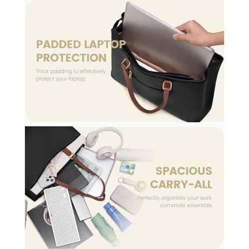 LOVEVOOK Laptop Tote Bag for Women, Work Bags Teacher Tote Bag, Waterproof Leather Computer Bag, Business Laptop Purse Office Handbag Professional Briefcase, 17 Inch, Black-Beige-Brown