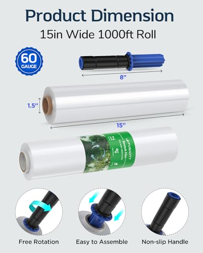 FugaCity 1 Pack Heavy Duty Shrink Wrap with Handles - 15 Inch x 1000ft, 60 Gauge Industrial Stretch Plastic Film