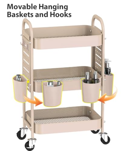 ALVOROG Khaki 3-Tier Metal Rolling Utility Cart with Pegboards, Baskets & Hooks