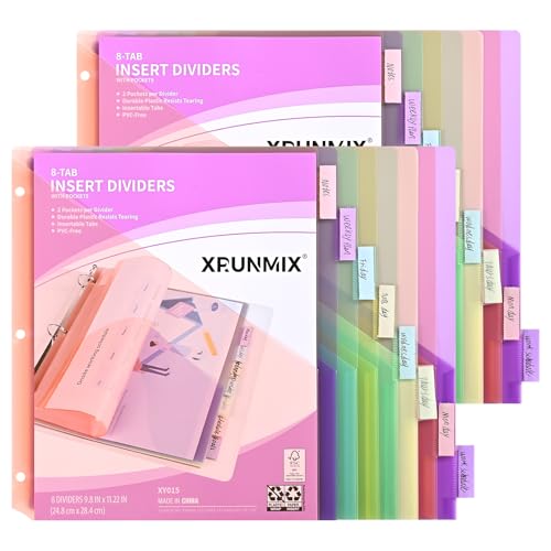 XRUNMIX 2 Pack 8-Tab Pastel Binder Dividers with Pockets for 3-Ring Binders - US Letter Size