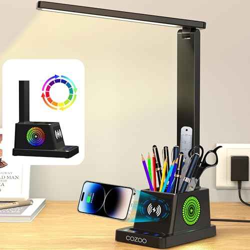 cozoo Desk Lamp,LED Desk Lamps for Home Office,Wireless Charger Small Desk Lamp with Pen Holder,Color Changing Nightlight,12 Lighting Modes,Desk Lamp for College Dorm Room,Desk Light,Nail Desk Lamp