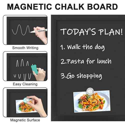 4 THOUGHT Chalkboard Corkboard Combo, 24" x 36" Bulletin Cork Board Magnetic Chalk Board for Wall Combination Board Black Frame Double Use Black Board Cork Board 1 Marker 4 Magnets 10 pins