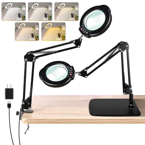 10X Magnifying Glass with Light and Stand, LED Desk Lamp with Base and Clamp, 5 Color Mode, 10 Dimmable Levels, Hands Free for Reading Crafts Jewelry Sewing Close Work