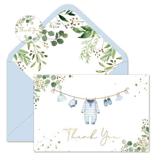 Whaline 50 Pack Baby Shower Thank You Cards Boxed Blue Cloth Note Card with Envelopes Stickers Greeting Blank Cards for Boy Birthday Baby Shower