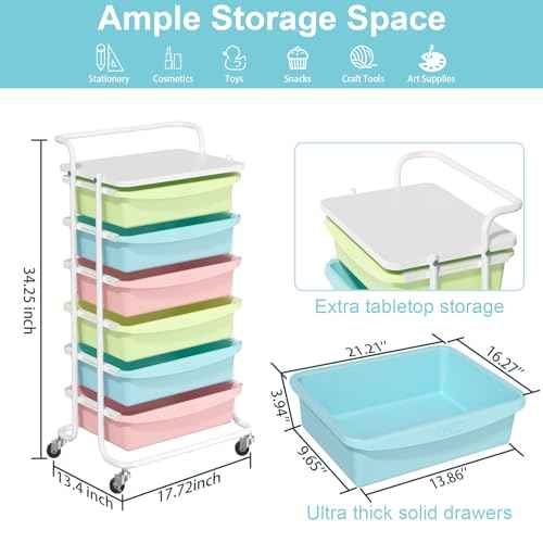 X1 Rolling Storage Cart with Drawers, Utility Cart with 6 Plastic Drawers, Storage Drawer Cart with Lockable Wheels, Multipurpose Movable Organizer Cart for Home, Bedroom, Office, School