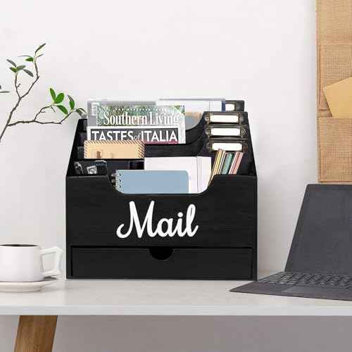 Wood Desktop Mail Organizer, Mail Organizer Countertop with 4 Compartments and Drawer, Wood Mail Holder Sorter Organizer Holder for File Letter Paper Folder, Black Wooden Desk Organizer