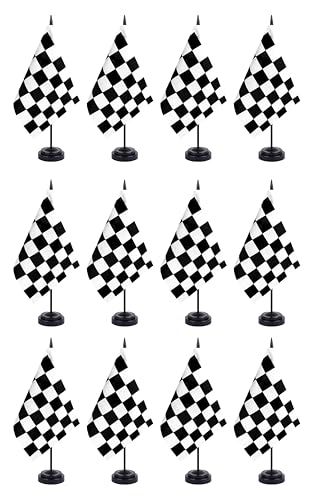 Checkered Black and White Racing Desk Flag 12" with Stand - Deluxe Set, 12 Pack
