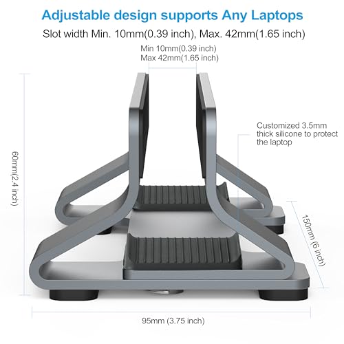 Psitek Space Gray Aluminum Vertical Laptop Stand Dock Holder - 1 Slot, Adjustable Width 12-42mm