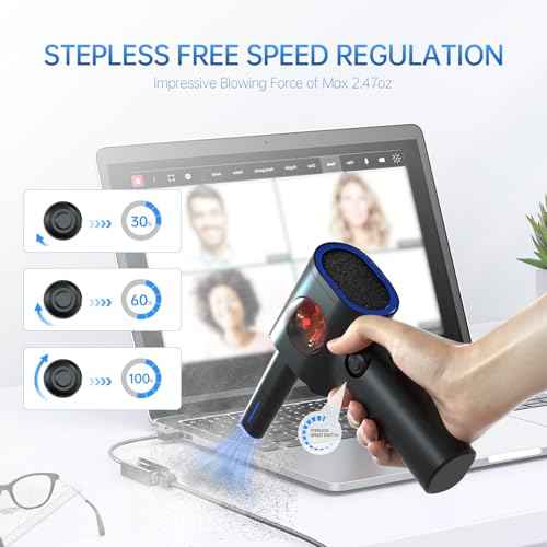 ATEngeus Compressed Air Duster, Stepless Speed Electric Air Duster with Storage Case, Cordless Air Duster with LED Replace Canned Air, 6 Accessories Air Blower, Keyboard Cleaner for Car, PC, Home