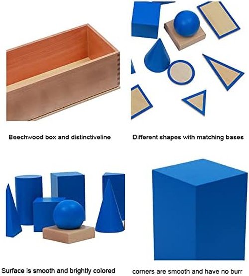 Montessori | Blue Geometric Solids Blocks Set - 3D Wooden Shapes for 3+ Year Olds & Sensory Learning