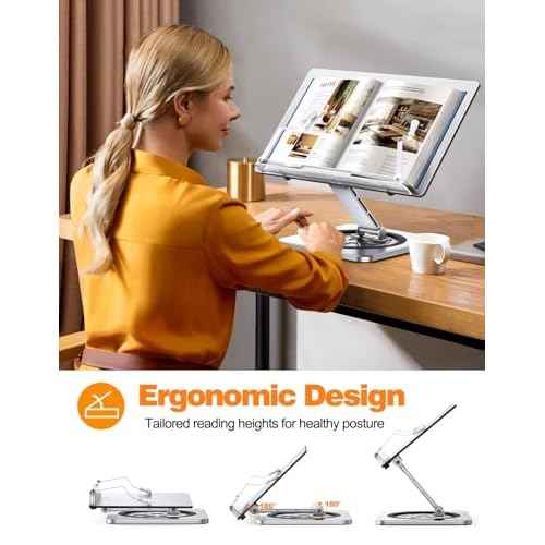 Book Stand for Reading, Book Holder with 360¡Æ Swivel Base & Elastic Page Clips, Adjustable Cookbook Stand for Kitchen Counter, Recipe/Textbook/Music Scores Stand for Desk