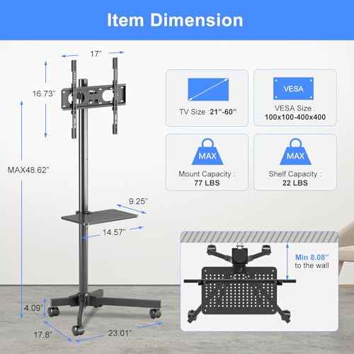 suptek Mobile TV Cart for 21-60 Inch LCD LED Flat/Curved Panel Screen TVs Max VESA 400x400 with Laptop Shelf Holds up to 77lbs, ML55B