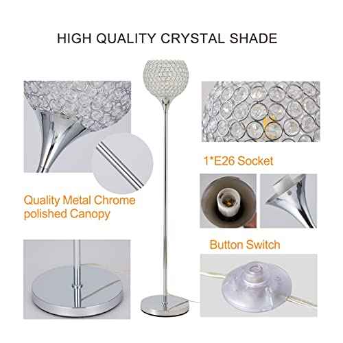 DFL Spherical Crystal Floor Lamp, 8.7 inch Shade Chrome Finish Lamp, Crystal Floor Lamp Fixture for Living Room, Bedroom, Dining Room, Office, E26 Base, LED Bulb Included