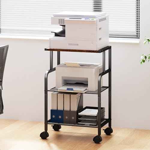 Printer Cart with Wheels,Small Printer Stand with Storage, Printer Table for Home Office, 3 Tier Cart with Adjustable Shelf, Supports Up to 80 Lbs for Home Office, Kitchen, Living Room
