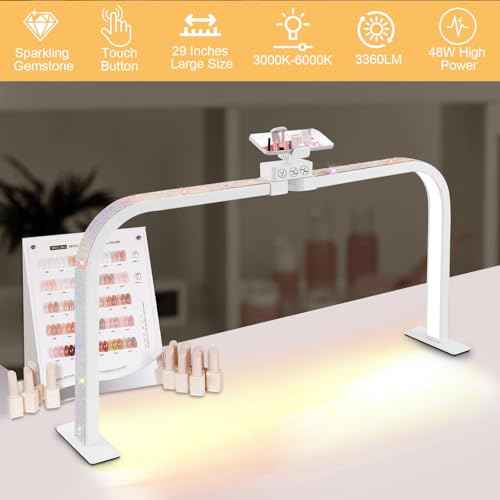 Nail Tech Lamp for Desk, Large Half Moon Light Touch Control with Phone Holder, 29 in 48W Brightness Adjustable Lash ARC Light for Manicure, Tattoo, Spa, Salon, 3000K-6000K LED Manicure Lamp (White)