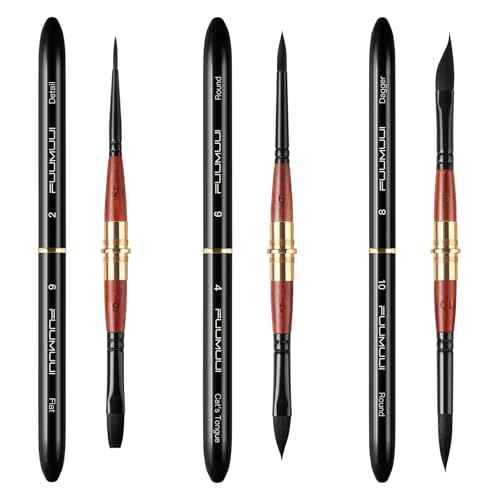 Dual Tip Travel Watercolor Brushes, Fuumuui 3pcs Synthetic Squirrel Hair Set of 6 Versatile Tips with Leather Pouch Perfect for Watercolor Gouache Ink Painting