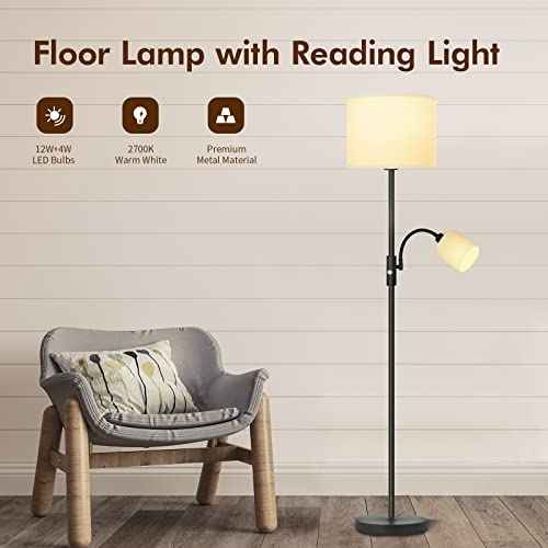Floor Lamps Standing Lamp, Bright Stand up Lamp with Reading Light, White Lampshade, 62" Tall, 3-Way Rotary Switch, Black Corner Light for Bedroom Office, Modern Living Room Decor(LED Bulbs Included)