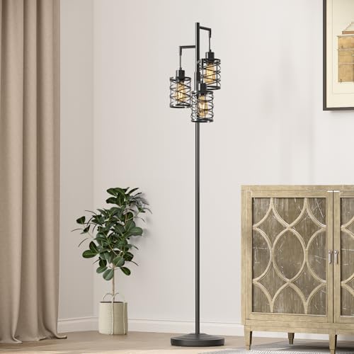 Oneach 70" Industrial Floor Lamp, Stepless Dimmable Standing Lamp with 3 Bulbs, Farmhouse Corner Standing Tree Lamp for Living Room, Tall Lamps for Bedroom, Office, Study Room, Dining Room, Black